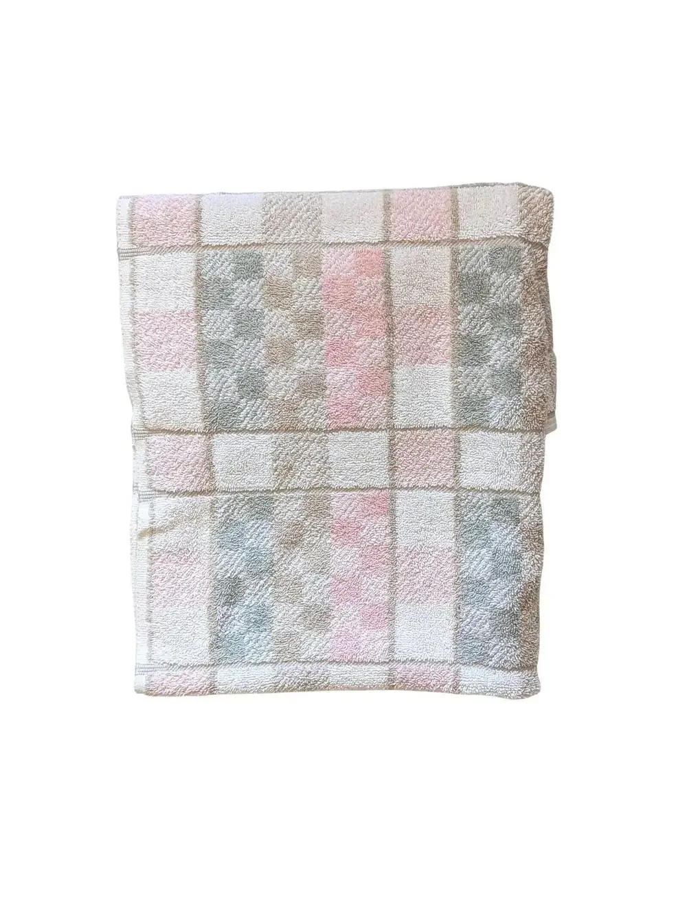 1980s Vintage Bath Towel with Pastel Pink Grid Pattern